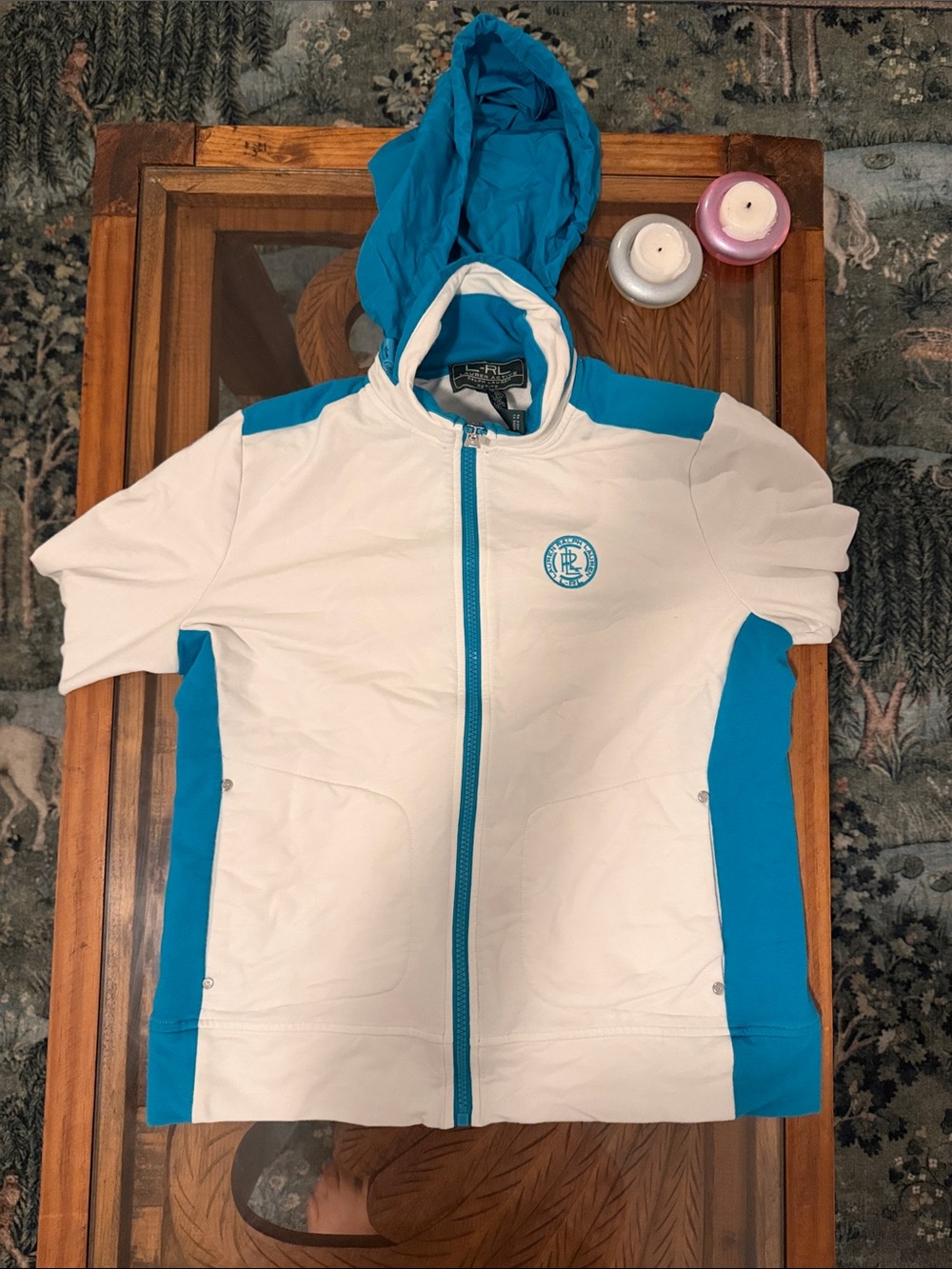 Ralph Lauren White and Teal Vintage Hooded One-Piece Zip Jacket